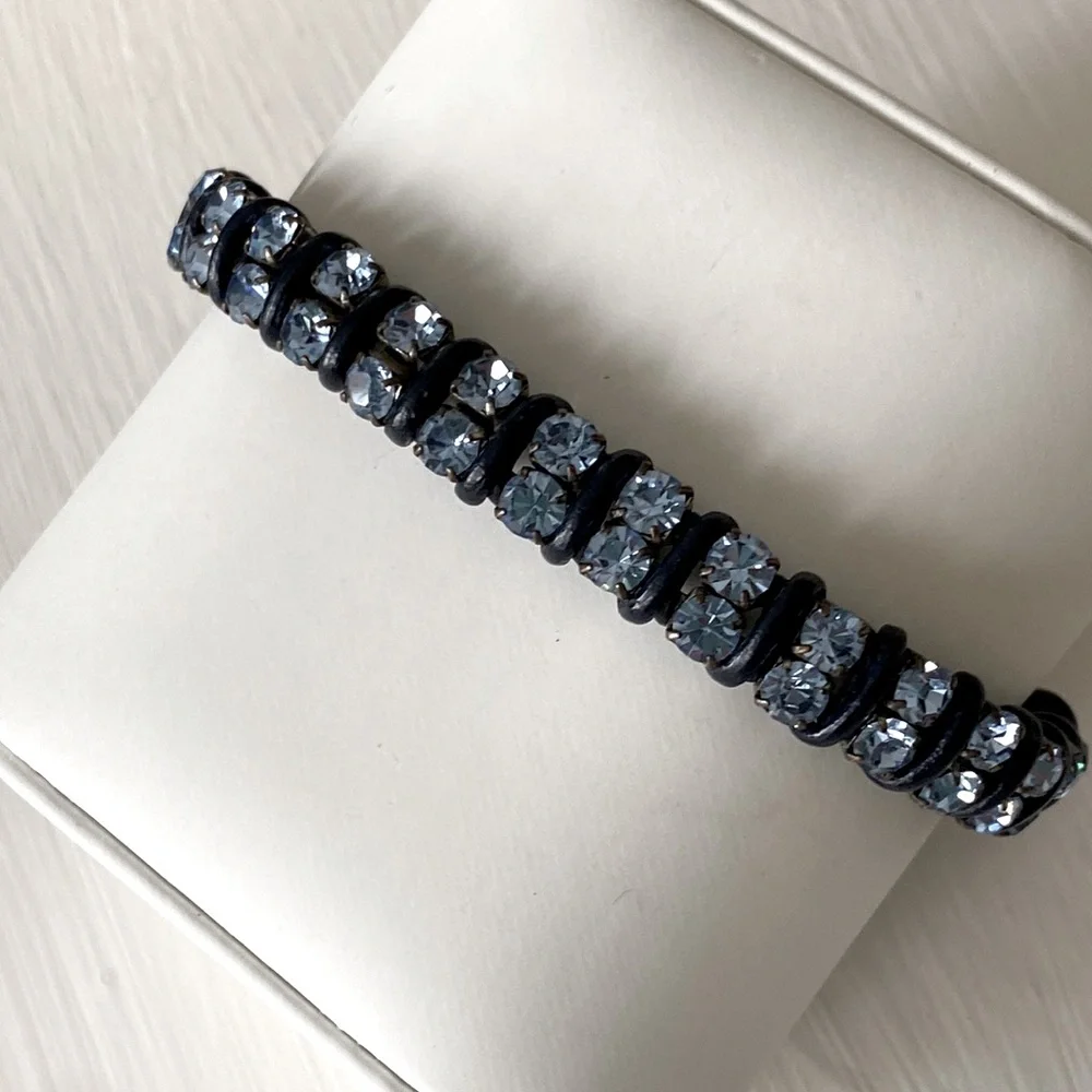 Fossil Sky Blue Crystals with Leather Wrapped Bracelet Button Closure